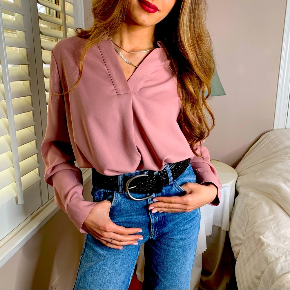 4 LEFT S-L Chic Spring Stretchy Pink Long Sleeve Blouse Shirt Top